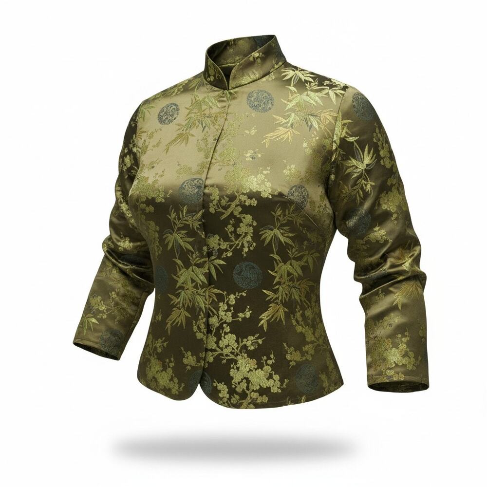 Vintage 90s Clio Olive Gold Brocade Mandarin Collar Jacket Womens M